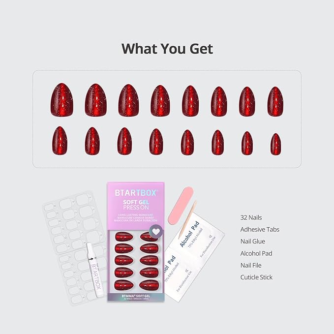 BTArtbox Press On Nails Short - New Red, Sparkle Deep Red Almond Press On Nails with Glue and Adhesive Tabs for Women in 16 Sizes - 32 Soft Gel Glue On Nails Kit