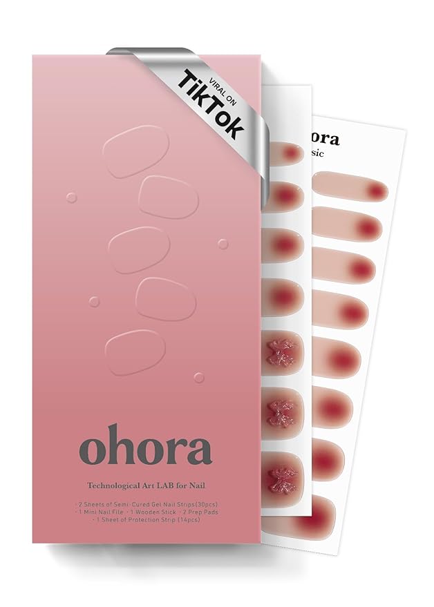 ohora Semi Cured Nail Strips (N Dear Gift) - Works with Any UV/LED Lamps, Salon-Quality, Long Lasting, Easy to Apply & Remove - Includes 2 Prep Pads, Nail File & Wooden Stick