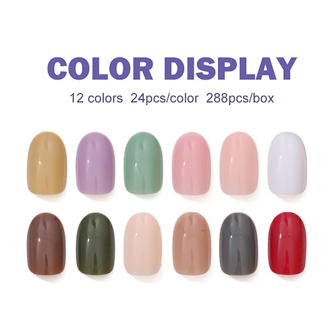 288Pcs Short Press on Nails 12Packs Almond Fake Nails Solid Color Glossy Nature False Nail Tips Full Cover Oval Acrylic Nails Press ons for Women Girls Daily Wear Manicure Art 12 Colors