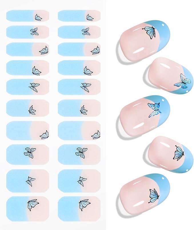 JMEOWIO Gel Nail Stickers Blue Butterfly French Tip Semi Cured Gel Nail Strips Wraps UV/LED Supplies Nails Art Design Decoration Accessories
