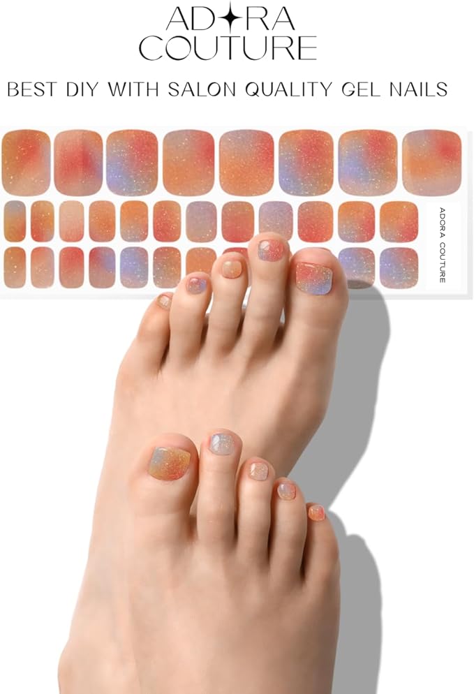 Semi Cured Gel Nail Strips – 32 Pcs Gel Pedicure Stickers - UV Nail Wraps for Toenails, Easy Application, Long Lasting, Salon Quality & UV Light Required - Glitter Haze P
