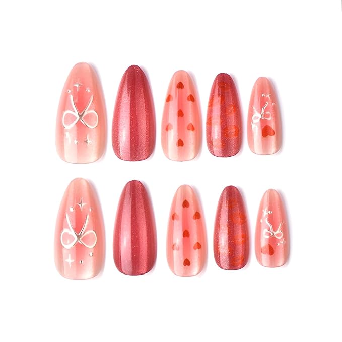 Valentines Press on Nails Medium Almond Fake Nails Red Heart Nails Press Ons Bow Glue on Nail Glossy Full Cover False Nails Gradient Acrylic Stick on Nail for Women Decoration Set 24Pcs