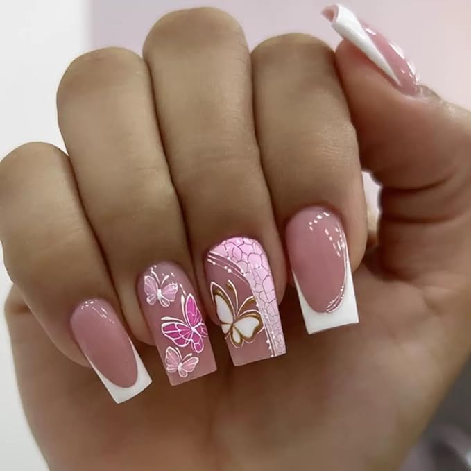 Press on Nails Square - Medium, White French Tip Fake Nails - with Butterfly Design Stick on False Nails for Women - 24 Pcs