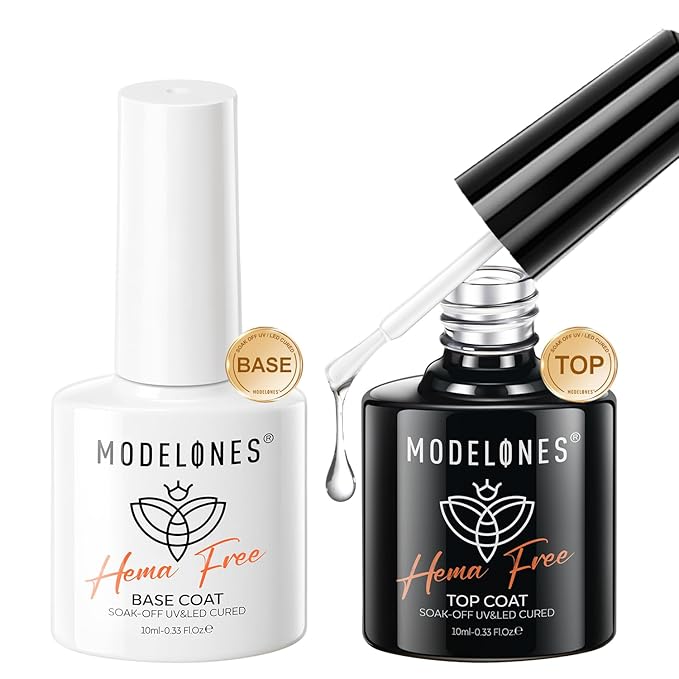 modelones No Wipe Gel Top Coat and Base Coat Set, 2 Pcs Clear Glossy Hema Free Base Top Coat Gel Nail Polish Long Lasting for Spring Nail Polish, Acrylic Nails Soak Off Nail Lamp Nail Art Home Salon