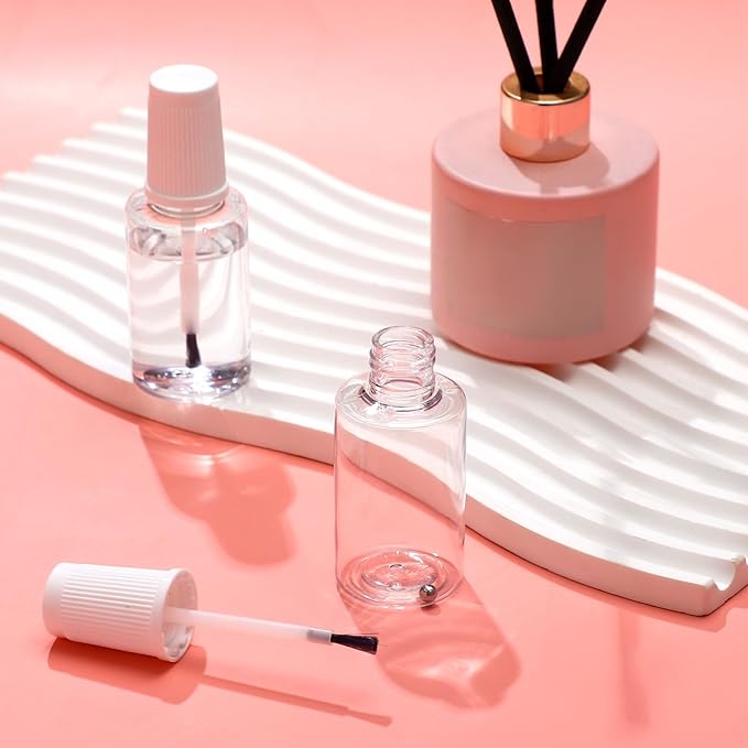 Irenare 10 Pcs Refillable Empty Nail Polish Bottles with Brush Mixing Marble Conservation Insert and Brush Top Plastic Nail Polish Container, Clear (20 ml)