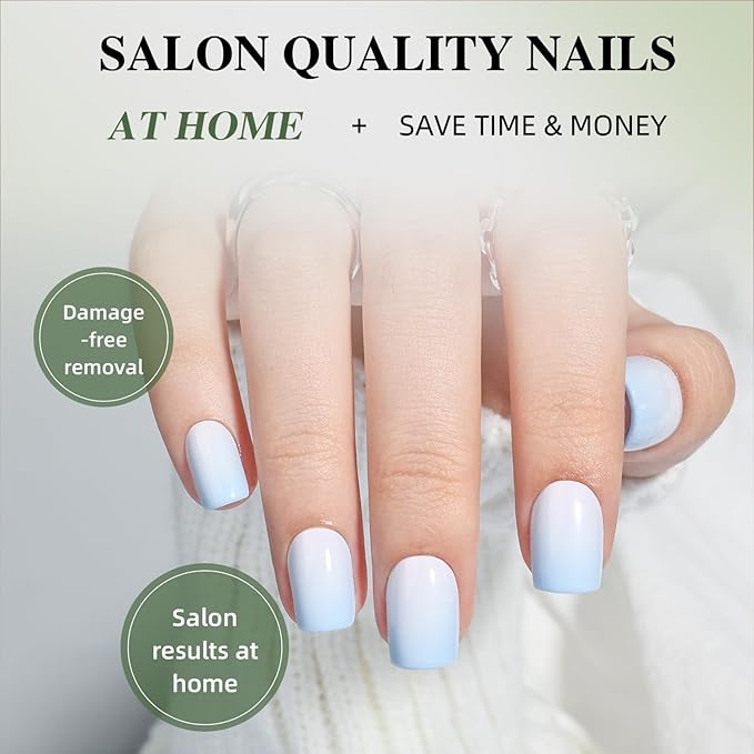 Ombre Press On Nails Square - Light Blue Short Square Fake Nails, Blue Press On Nails Reusable Stick On Nails in 15 Sizes, 30pcs False Nail Kit for Women & Girls (Blue Ombre)