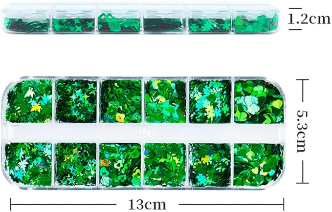 Nail Art Glitter Green Sequins 3D Holographic Laser Hearts Stars Leaves Clovers Nail Acrylic Stickers Spring Shiny Flakes Nail Supplies for St. Patrick's Day Decor 12 Grids