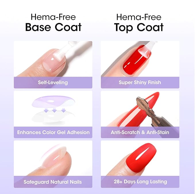GELLEN 20ml Gel Base and Top Coat, Hema-Free Glossy Top Coat and Base Coat for Gel Nail Polish, No Wipe Soak Off Curing Needed Clear Nail Polish, Easy DIY Manicure Set