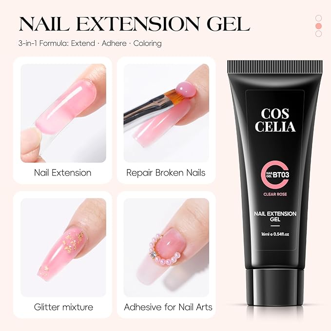 COSCELIA 50PC Poly Nail Gel Kit Starter Kit with Drill and Lamp 15 Colors 16ML Nail Extension Gel for Beginners All Season Nail Decorations Poly Extension Kit Gifts for Women