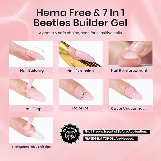 Beetles Builder Gel Set HEMA Free-Bare Mist 4 Color 7 in 1 Nail Thickening Strengthening Building Apex with Base & Top Coat for Beginner DIY Salon at Home,Jelly Builder Nail Gel,UV & LED Lamp Cured