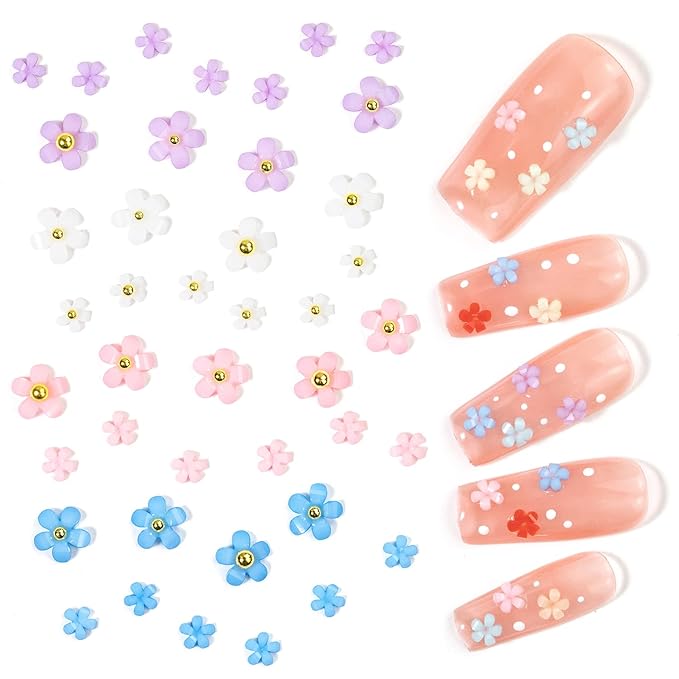 3D Flower Nail Charms for Nails Colorful Flowers Flatback Nail Rhinestones White Pink Purple Acrylic Flower with Gold Silver Caviar Beads Round Pearls Nail Art Supplies Manicure DIY Nail Decorations