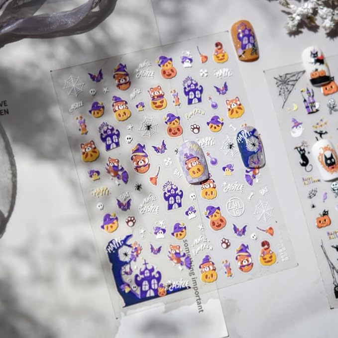 Halloween Nail Stickers 3D Self-Adhesive Magic Hat Pumpkin Nail Supplies Cute Cute Ghost Nail Decals 5D Embossed Haunted House Spider Web Nails Designs for Women Holiday DIY Manicure 1 Sheet