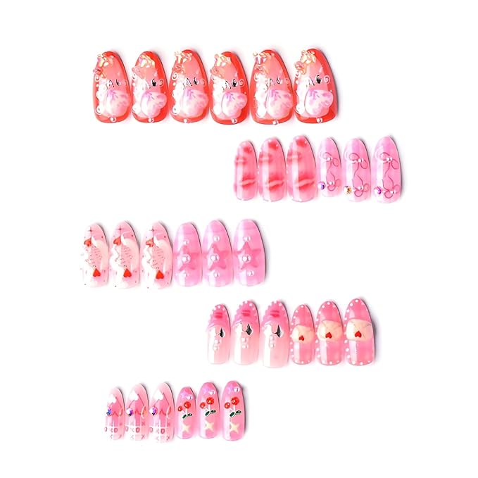 Valentines Fake Nails Medium Almond Press on Nails Heart Nails Press Ons Bow False Nails with Pearl Design Pink Stick on Nail Glossy Full Cover Glue on Nail for Women Decoration Set 30Pcs