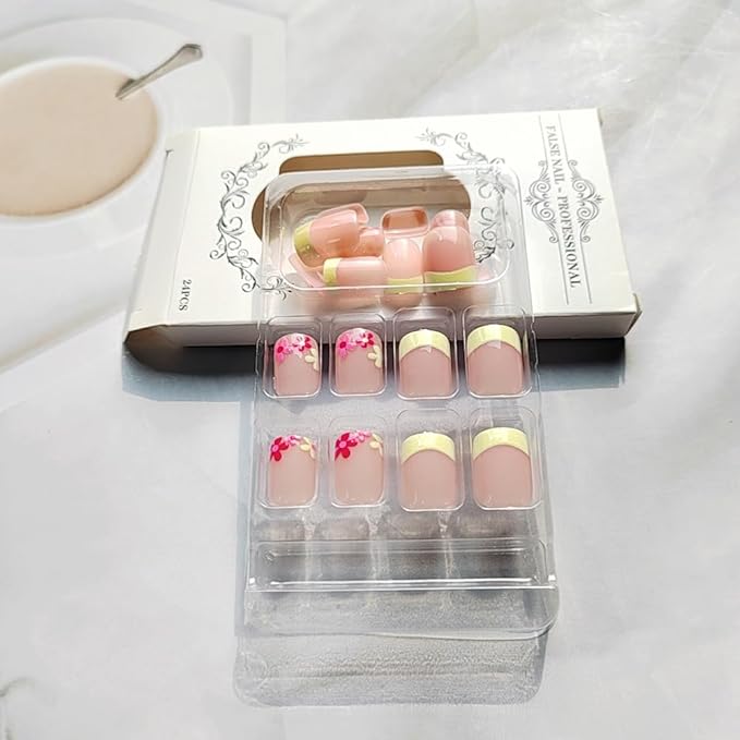 Press on Nails Square Short Fake Nails Press ons Yellow French Nail Tips Artificial Acrylic Kit Full Cover False Nails with Flowers Glossy Design Stick on Nails for Women 24Pcs