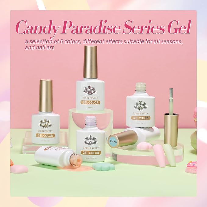 Born Pretty Pastel Gel Nail Polish Set Spring Summer Gel Polish Macaron Candy Sweet Color Gel Polish Easter Soft Pink Yellow Purple Blue Green Colors Collection Nail Art Gift Box 7ML 6PCS