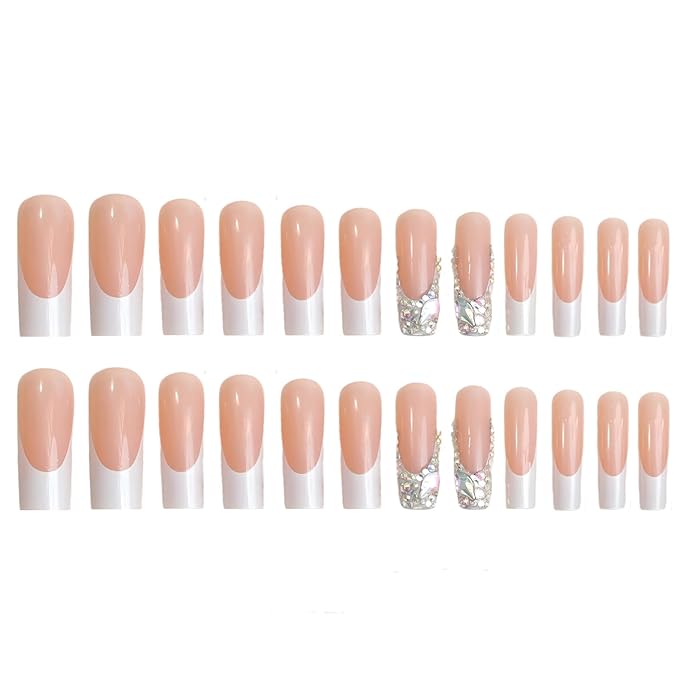 FORBELOVED NAILS,French Tip-White Press On Nails,Long Square Glue On Nails,Glitter Muti Colorful Gems False Nails For Women And Girls,12 Sizes-24Pcs with Glue,(White),FOB