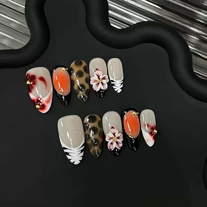 10Pcs Handmade Press On Nails Medium Almond Fake Nails 3D Flower With Gradient Design French Tip False Nail Full Cover Floral Stick On Nail Acrylic Glossy For Women Manicure(SIZE:M)