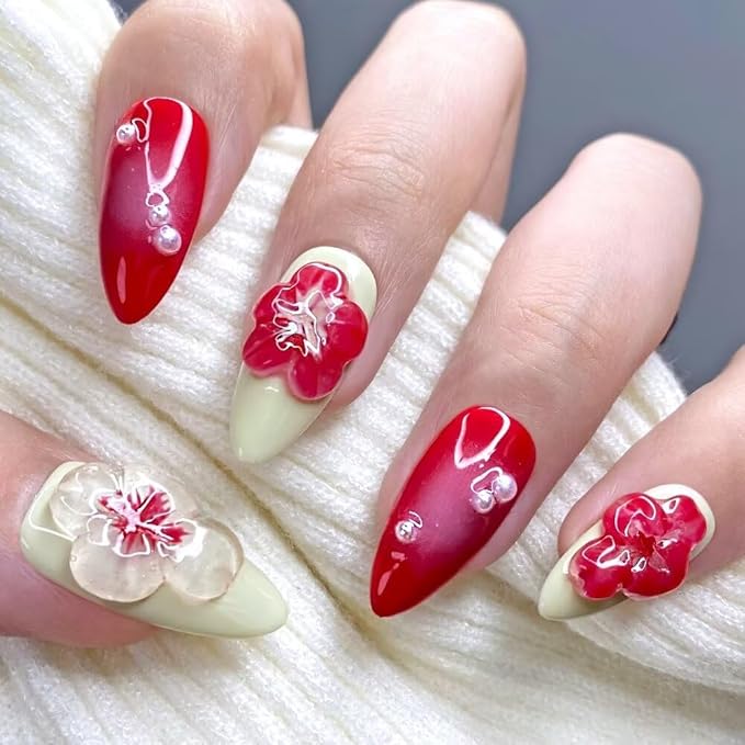 Small size MAGLFELL Women Press On Nails - 3D Almond Handmade 10Pcs Unique Fake Nails, Artistic Design, Thick Acrylic and Muti-Layer Gel False Nails-S size