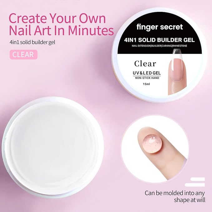 Clear Solid Builder Gel Set, Nail Extension Gel with Nail Art Tools, DIY Non Stick to Hand for Long Lasting Manicures Poly Gels