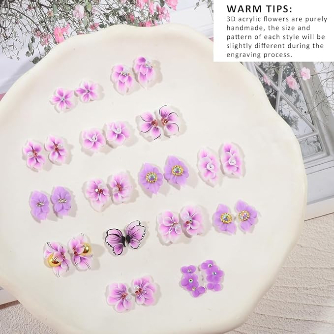 30PCS 3D Handmade Flower Nail Art Charms Advanced Handcrafted Cherry Blossom Flower Colorful Sculpted Floral Nails with Rhinestone Caviar Beads Design for Women Profession Nail Art Craft Jewelry