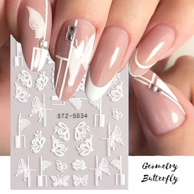 Flower Nail Stickers for Nail Art 5D Embossed Engraved Nails Decals 3D Spring Summer Accessories White Blue Self-Adhesive Nails DIY Design Decoration for Women Girls（6 Sheets