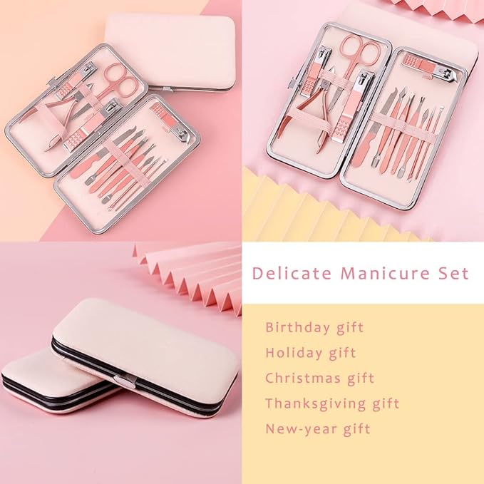 Pink Manicure Set Beauty Tool Portable 12 in 1 - Nail Clipper Pedicure Grooming Kit Stainless Steel Luxury Leather Travel Case, for Woman Girl Home Travel Gift Giving