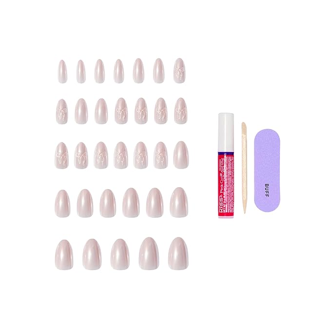 KISS GLAM, Press On Nails, Nail glue included, 'Ripple', Pink, Medium Size, Almond Shape, Includes 32 Nails, 2g Glue, 1 Manicure Stick, 1 Mini File
