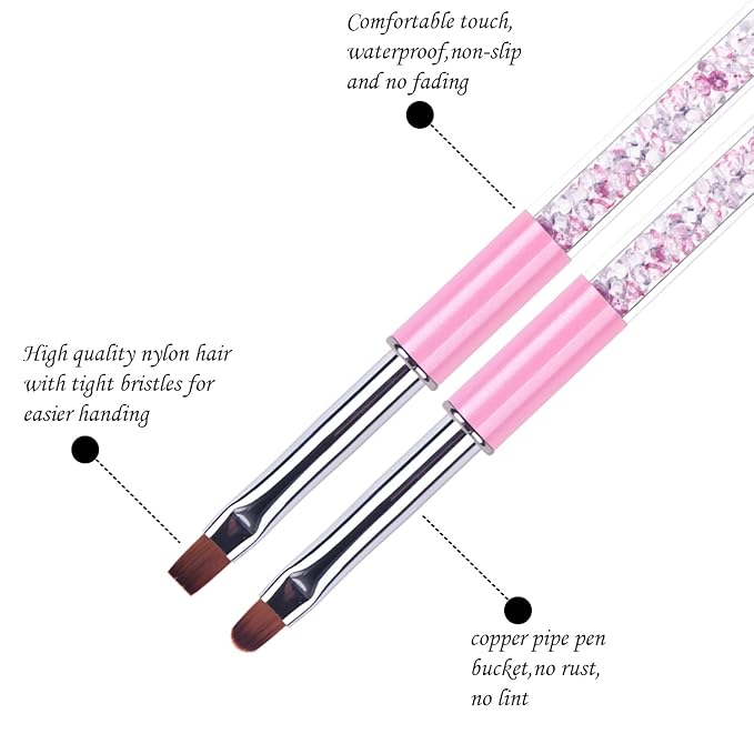 2Pcs Oval & Flat UV Builder Gel Nail Brush Set Rhinestone Handle Polygel Hard Gel Nail Art Brushes Pink