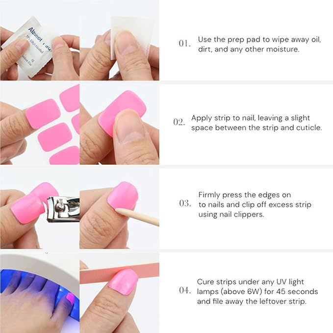 Pink Semi Cured Gel Nail Strips 20Pcs Glitter UV Gel Nail Stickers Glossy Nails Polish Strips UV/LED Light Needed Self Adhesive Full Polish Nails Wraps for Women