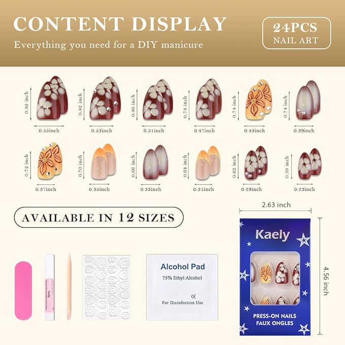 3D Flower Press on Nails Medium Almond with Design, Red Nail + Gold French Tip Glossy Stick on Nails for Women with Kit, Reusable Soft Gel Stick on Fake Nail with Flower Floral Designs Perfectly Fit