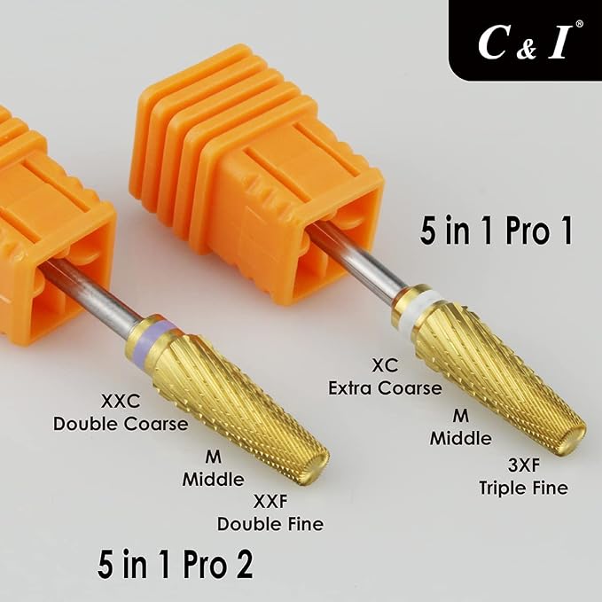 C & I 5 in 1 Nail Drill Bit, Mixed Sizes Edition, Cross Teeth, 2 Way, Professional Multi-function Nail Drills for Electric Manicure Drill Machine, Shank 3/32” (Pro)