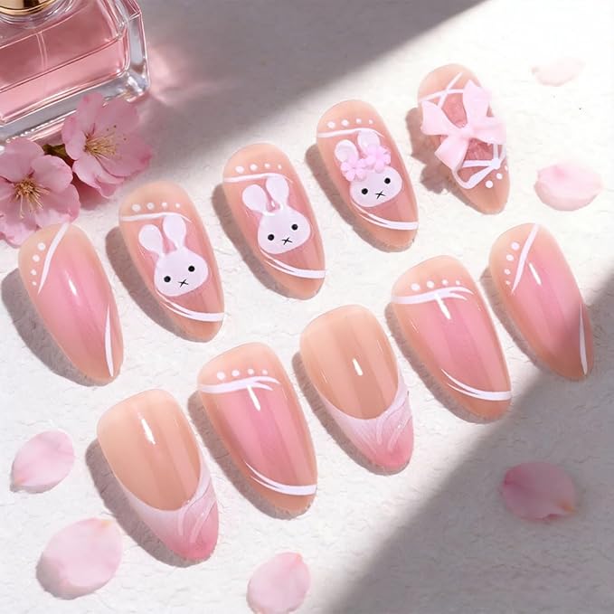 Pink Cute Bunny Teens Press On Nails Medium Almond Fake Nails for Girls With 3D Flower Bow Tie. French Tip Acrylic False Nails. Salon Quality Reusable Nails for Women Gift. 15Size - 30Pcs