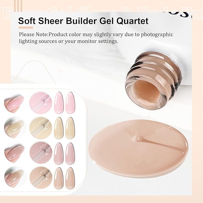 JODSONE Builder Gel for Nails,4Pcs Builder Gel Set 10ml Pink Nude Rubber,Nail Extension & Strengthening,Long Lasting Nail Art Gift Sets for Women
