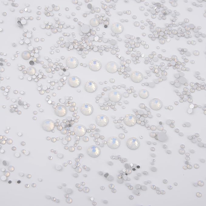NCB 8000pcs Non Hotfix Rhinestones 10 Sizes Flatback Crystal Glass Rhinestones with Tweezers and Picking Pen for Nail Art Clothes Bags Phone Decorations Crafts DIY (026 White Opal Mix SS3-SS30)