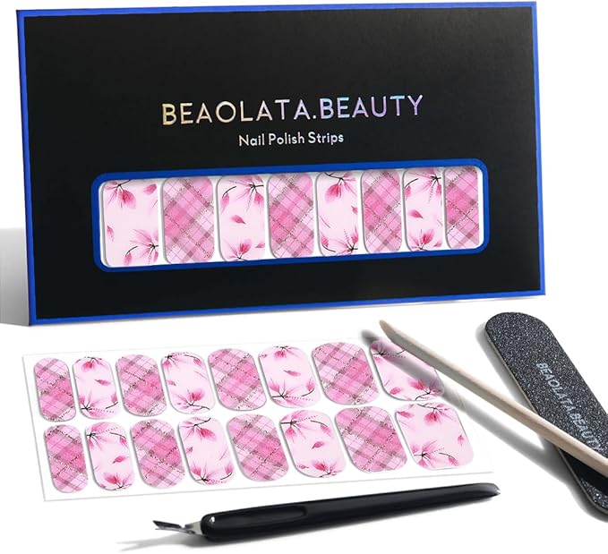 Nail Polish Strips, 32PCS Salon Quality Wraps, Long Lasting Gel Nail Stickers for Women Easy Apply& Remove (Pink Romance)