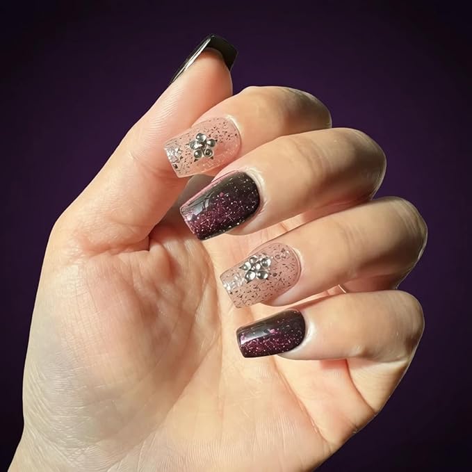 Neon Press on Nails Short Coffin, Handmade Acrylic Cat Eye Pink Purple Glitter Gradient with 3D Silver Stars & Rhinestone Flowers (Gemstone Starry Night,M)