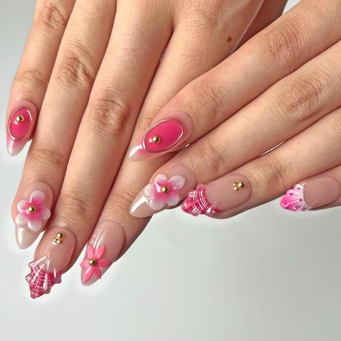 10Pcs Press On Nails Handmade Almond Shaped Fashionable Nail Art for Women, 3D French Floral Fake Nails, Reusable Artificial False Nails Pink Acrylic Nails Kit (Size S)