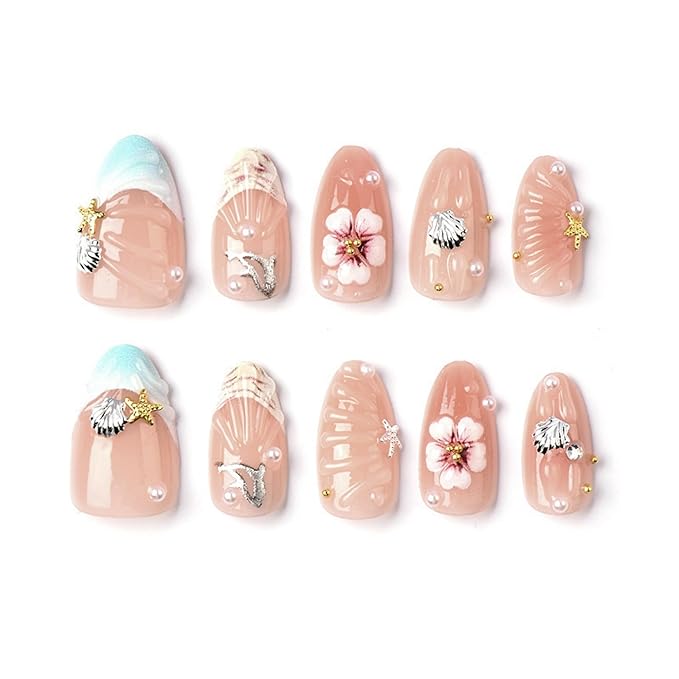 Press on Nails Medium Almond Fake Nails 3D French Artificial Nail Flowers and Pearl Charm Stick on Nail for Women 24pcs