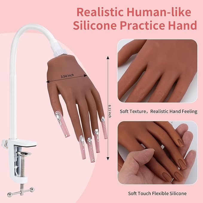 Silicone Practice Hand for Acrylic Nails: Soft Touch Liquid Silicone - Flexible Realistic Nail Mannequin Hand Practice for Training (BROWN)