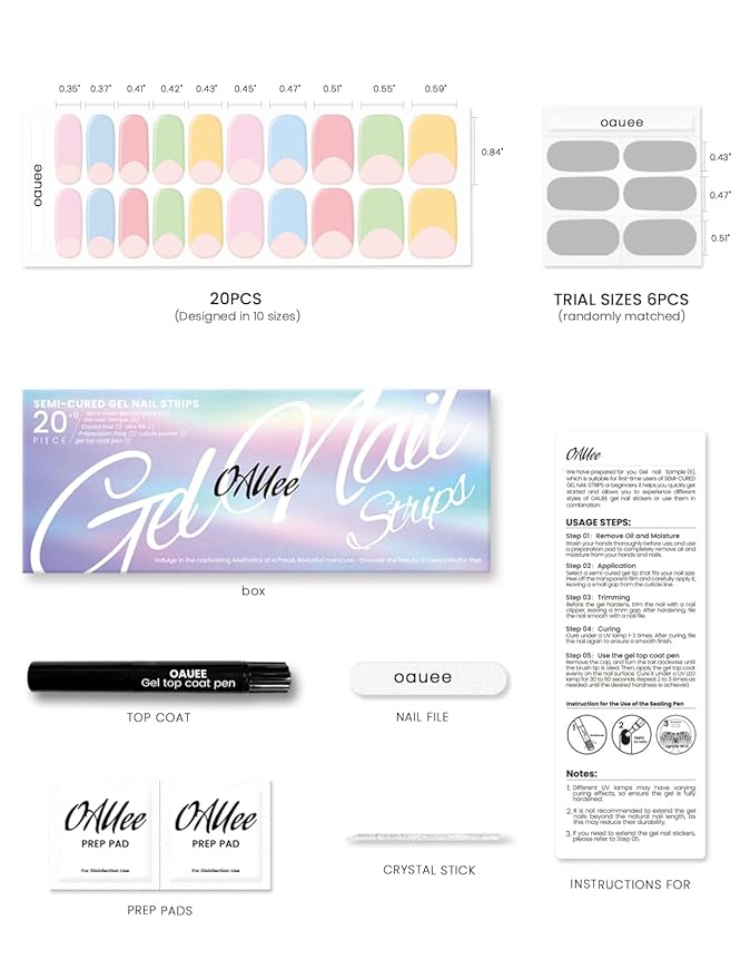 Semi Cured Gel Nail Strips | Built-In Gel Top Coat | UV Light Required | Salon Quality, Easy Application And Removal (Pastel Rainbow）
