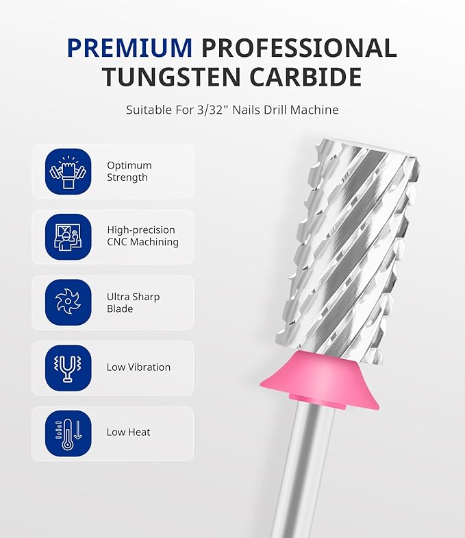 AIRSEE Tungsten Carbide Acrylic Nail Drill Bit Efile Electric File Machine Head Tip for Manicure Polishing Art Remove Gel 3/32" 2 Way Professional Tech Flat Top Cylinder Barrel 3X Coarse-3XC