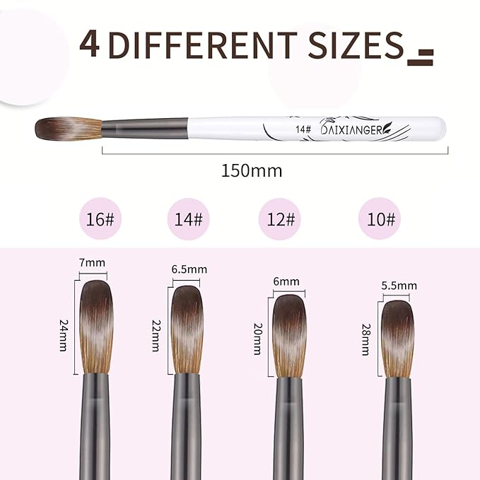 4Pcs Acrylic Nail Brush Set, Size 10/12/14/16, Professional Nail Brushes for Acrylic Application Powder & Nail Extension, 3D Nail Carving Tools for DIY Home Salon Manicure-White