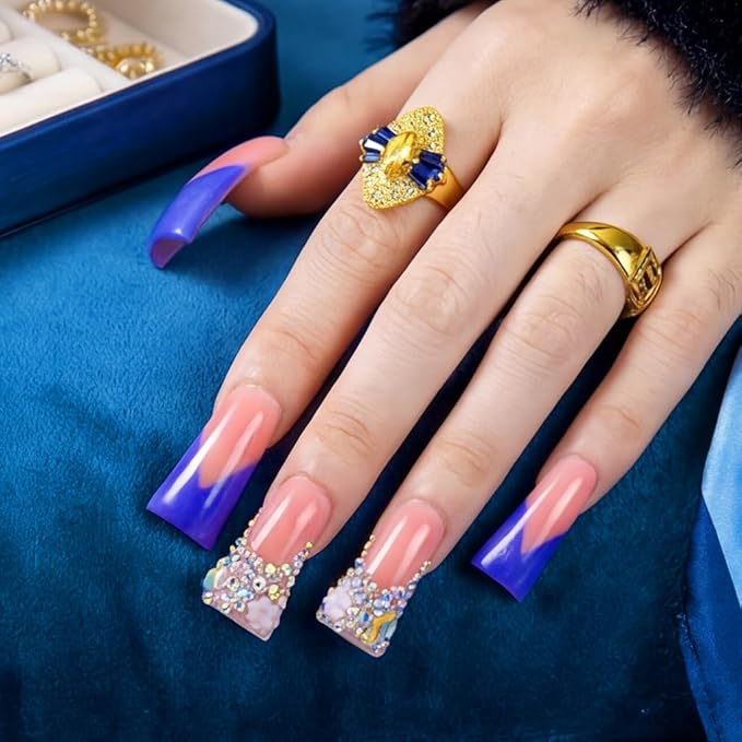 10 Pieces Handmade Luxury Metallic Cool Purple Shimmer With AB Crystal Shine Long Press On Nails With Bling Rhinestones And Y2K Princess Vibes, Reusable Fake Nails, Acrylic Nails (S)
