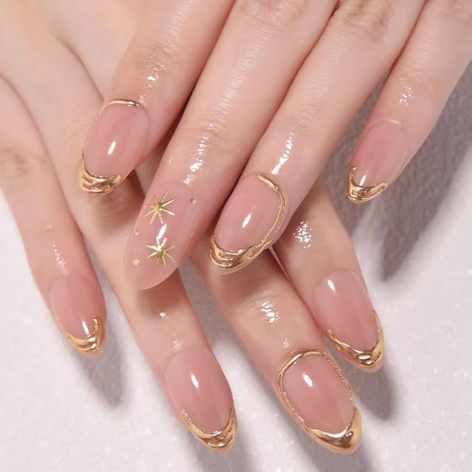 evpct 3D Gold Line French Tip Press On Nails Short Almond with Bohemia Star, Glitter Nude Gold Stick on Gel Nail with Designs, Handmade Press on Nails for Women Gift Reusable, Gel Acrylic Fake Nail