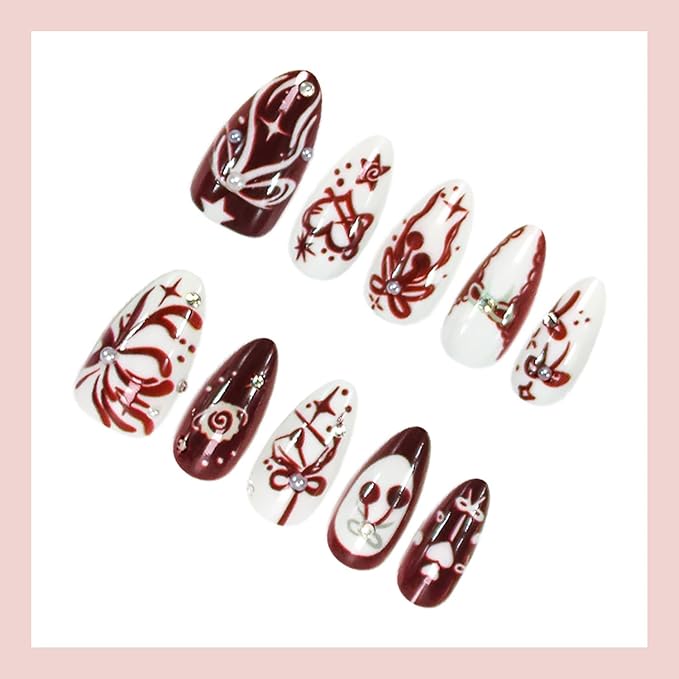 30pcs Valentines Press on Nails Medium Almond Fake Nails Heart Bow Star False Nails with 3d Pearl Rhinestones Designs Glue on Nails Red Cherry Full Cover Artificial Stick on Nail Decoration for Women