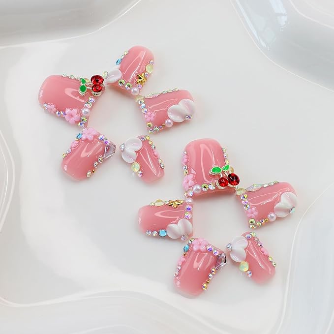 10Pcs Short Pink Press on Nails Handmade Duck Fake Nails with 3D Flower Cherry Rhinestone Design Cute False Nails Artificial Acrylic Nails Press ons Multi-Layer Handmade Stick on Nail for Women (S)
