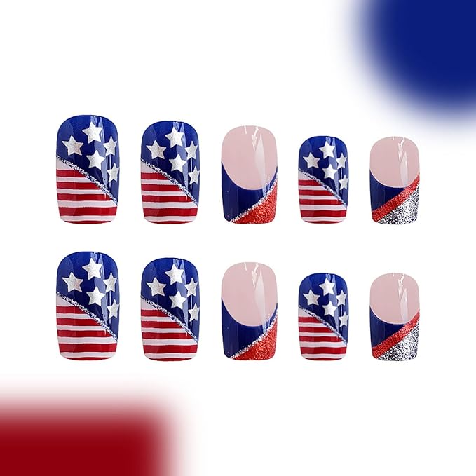 Independence Day Medium Square Press on Nails Patriotism Fake Nails with Sliver Glitter Designs USA Flag Stick on Nails Glossy Acrylic Nails Full Cover Artificial False Nails for 4th of July 24Pcs