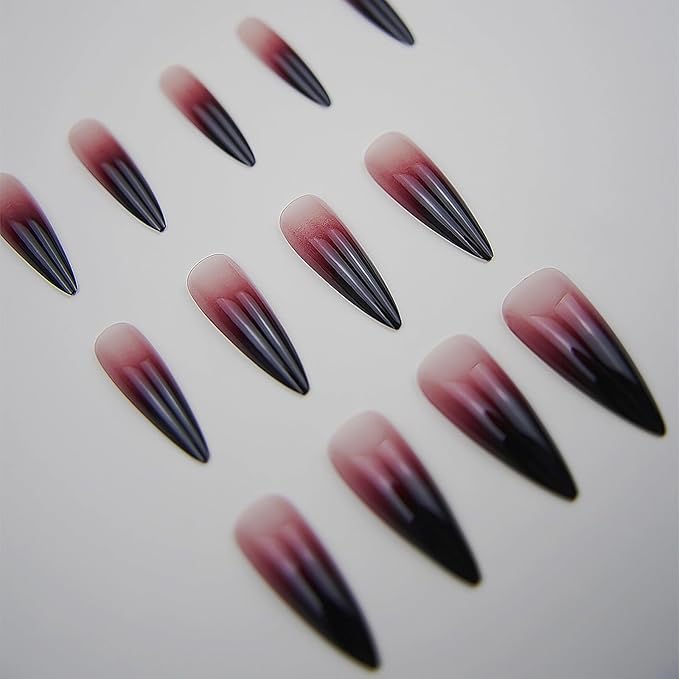 MISUD Press on Nails - Long Stiletto Fake Nails with Goth Red Black, Acrylic Gothic Ombre Design 24 pcs