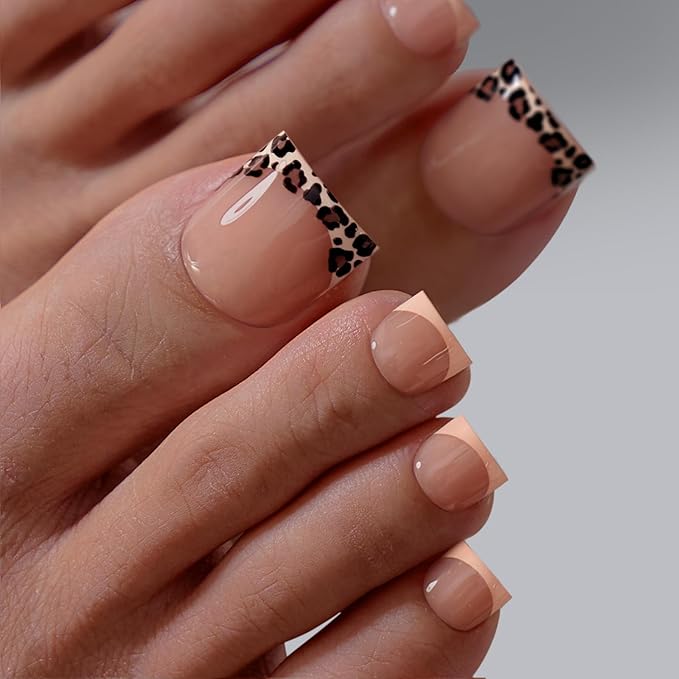 BTArtbox Press On Toenails - Lamp-Curable Sharp Square French Tip Toe Nail Press Ons with Glue for Women, Semi-Transparent Fake Toe Nail Tips in 15 Sizes - 30 Toenails Kit, Leopard