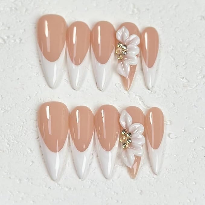 White French Press on Nails Long Stiletto False Nails with 3D Flower Designs Handmade Acrylic Fake Nails Muti-Layer Gel Glue on Full Cover Stick on Nails for Women（Size S)